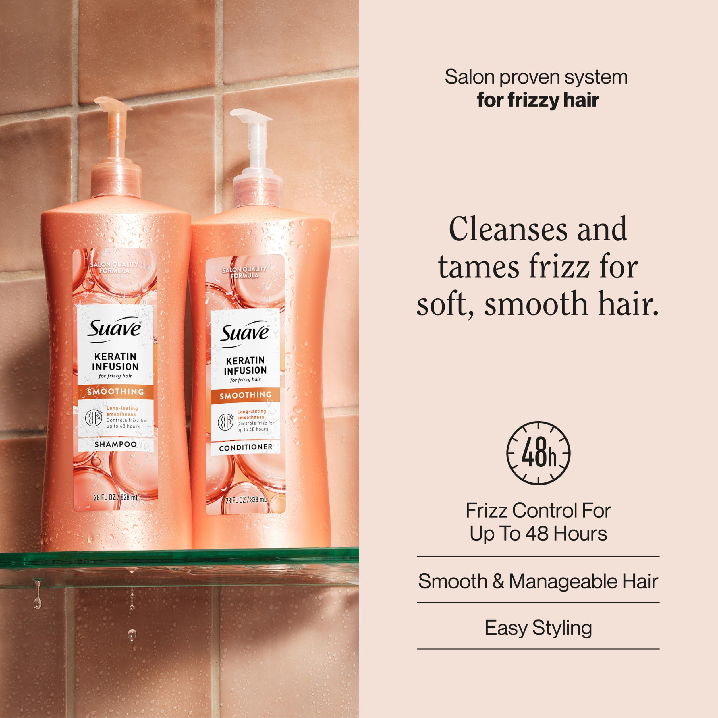 Suave Keratin Infusion Botella con dispensador facilita la dosificación diaria.