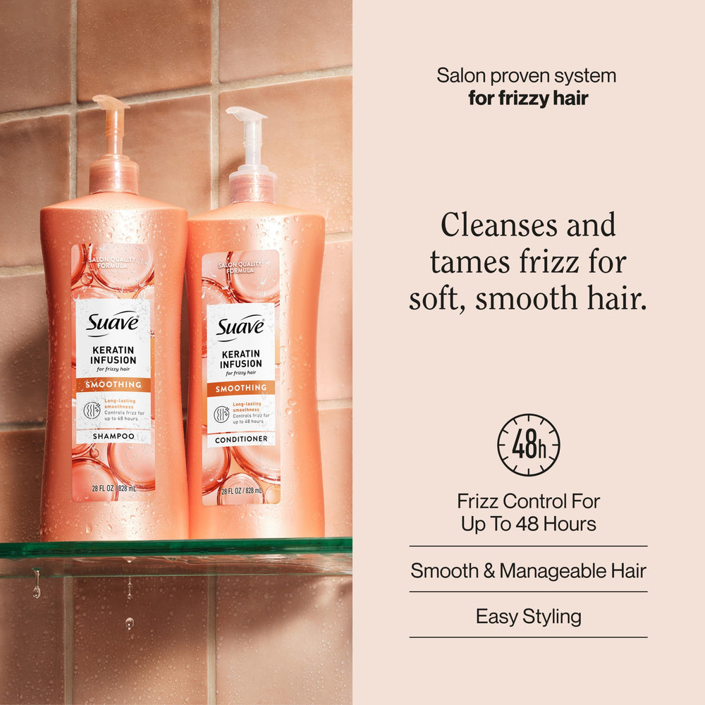 Suave Keratin Infusion Botella con dispensador facilita la dosificación diaria.
