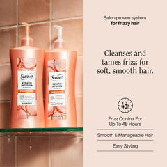 Suave Keratin Infusion Botella con dispensador facilita la dosificación diaria.