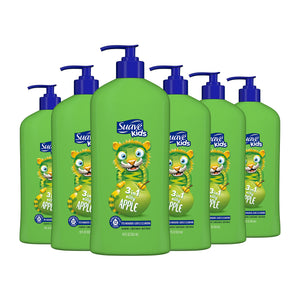 Suave Kids 3 en 1 pack de seis botellas, ideal para el baño familiar.