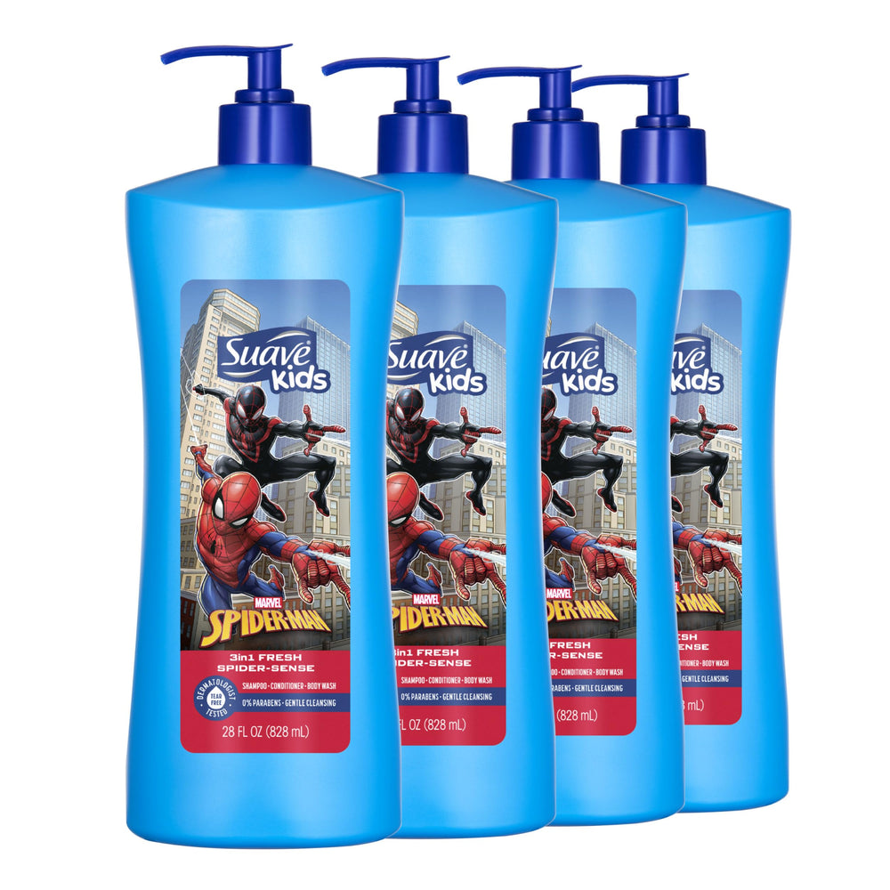 La botella con dispensador de Suave Kids Spider-Man 3-en-1 listo para uso rápido.