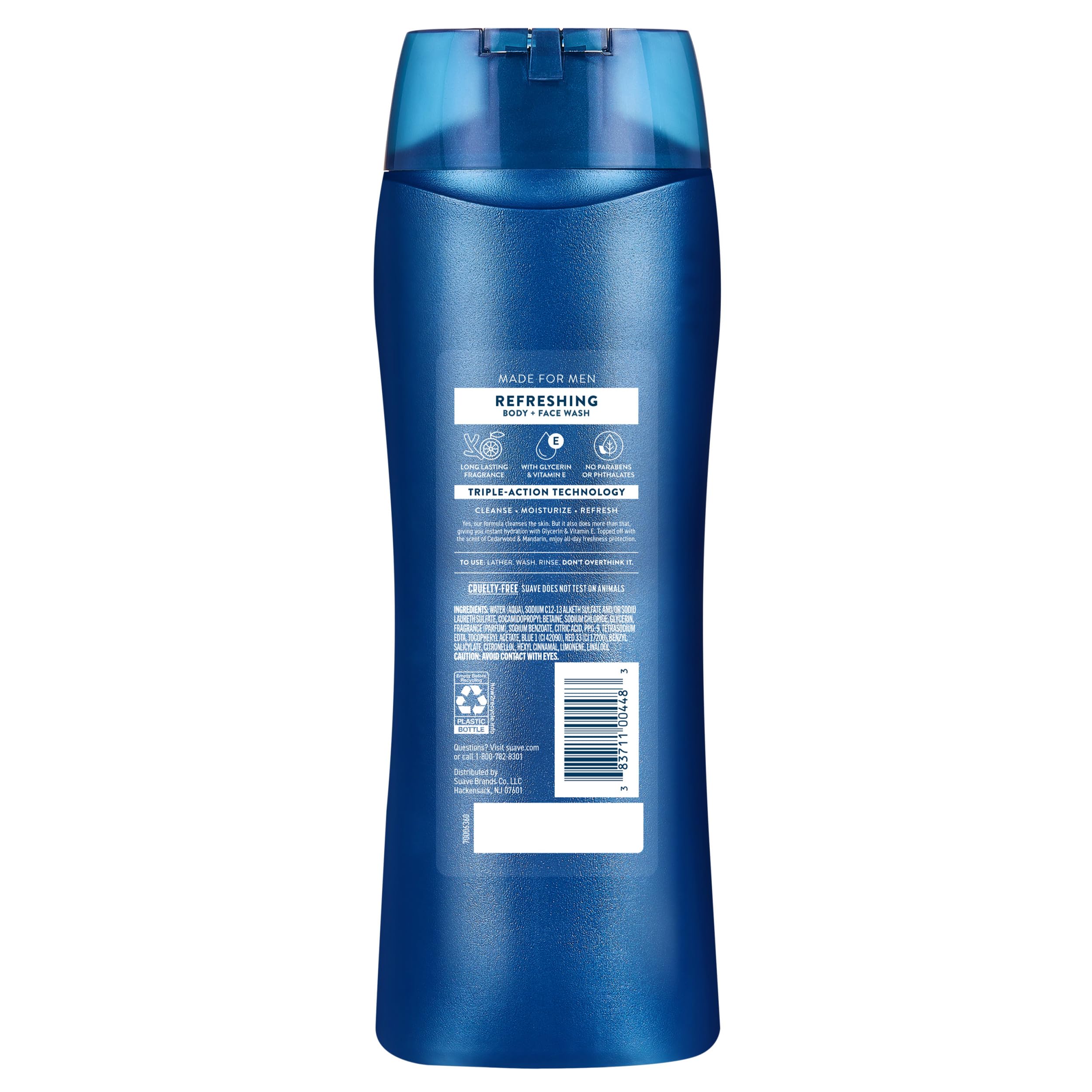 Tecnología de acción triple de Suave Men limpia, hidrata y refresca.
