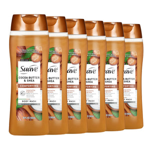 Suave Cocoa Butter and Shea body wash bottle showing hydrating formula.