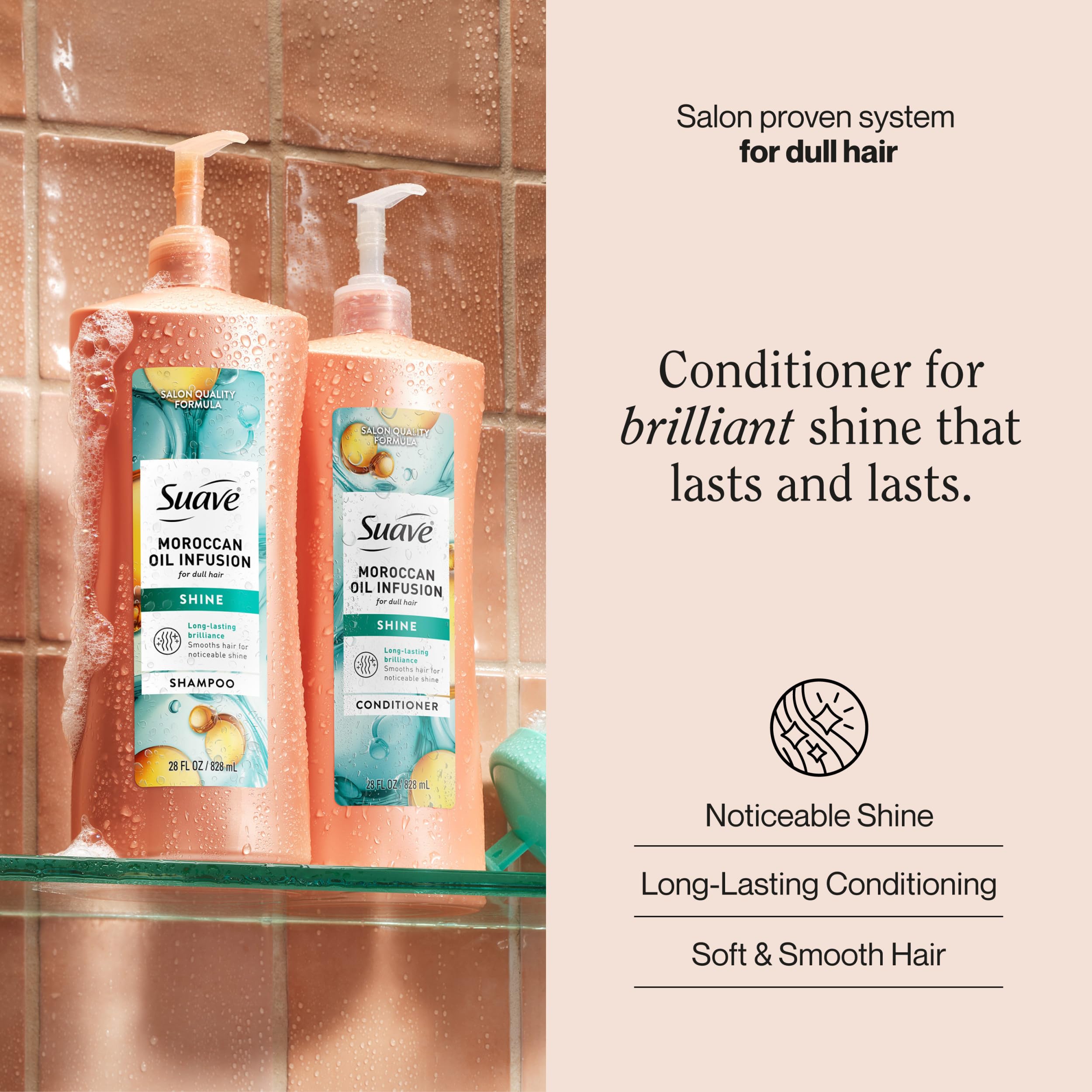 Aplicacion del acondicionador Suave Professionals Brillo infusion marroqui en la mano para desenredo.