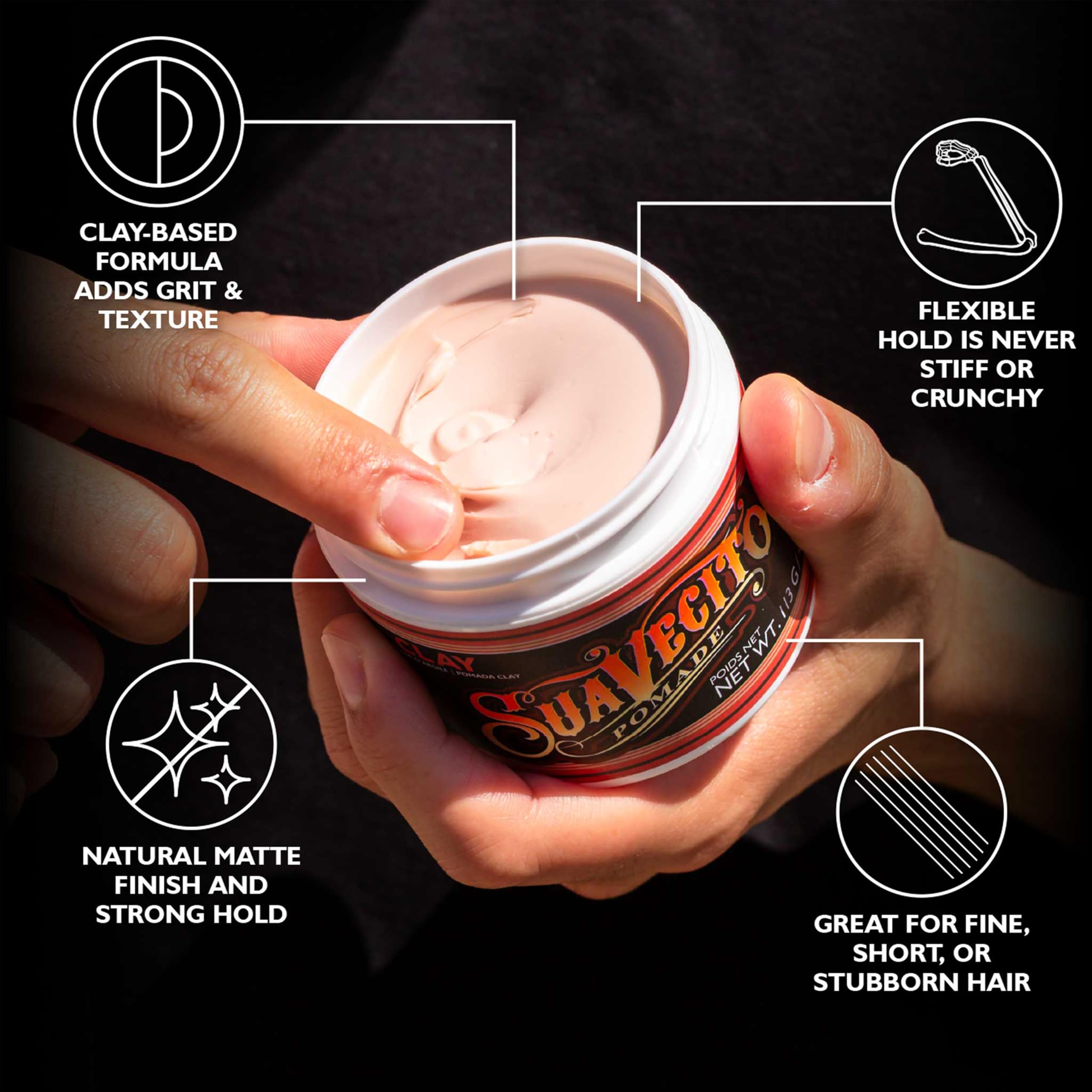 Acabado mate natural con Suavecito Firme Clay para estilo discreto.