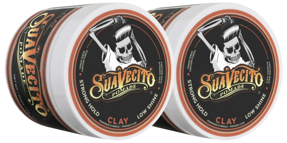 Suavecito Firme Clay paquete de dos frascos para fijación duradera.