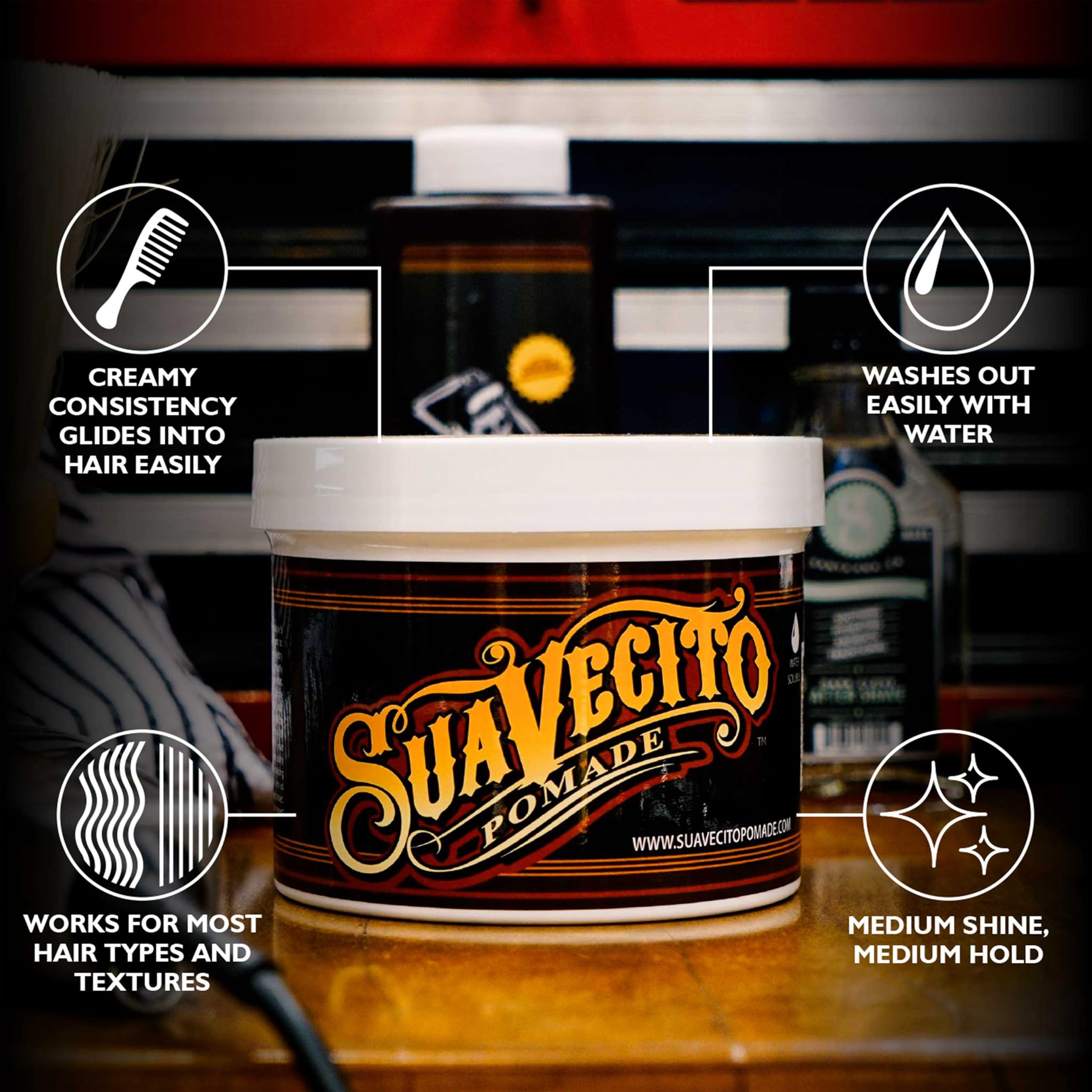 Pomada Suavecito, aplicación suave y rápida para peinados.