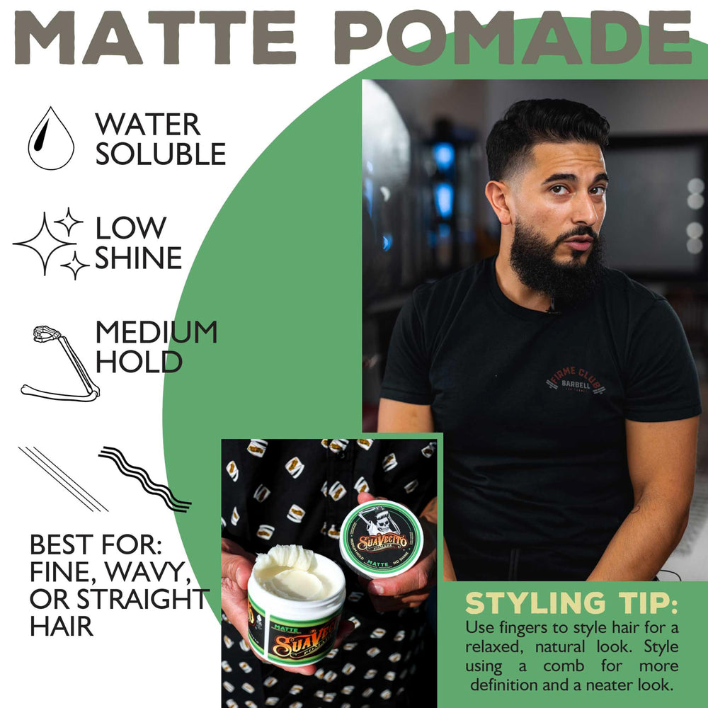 Pomada Suavecito Matte, fórmula soluble en agua facilita lavado.