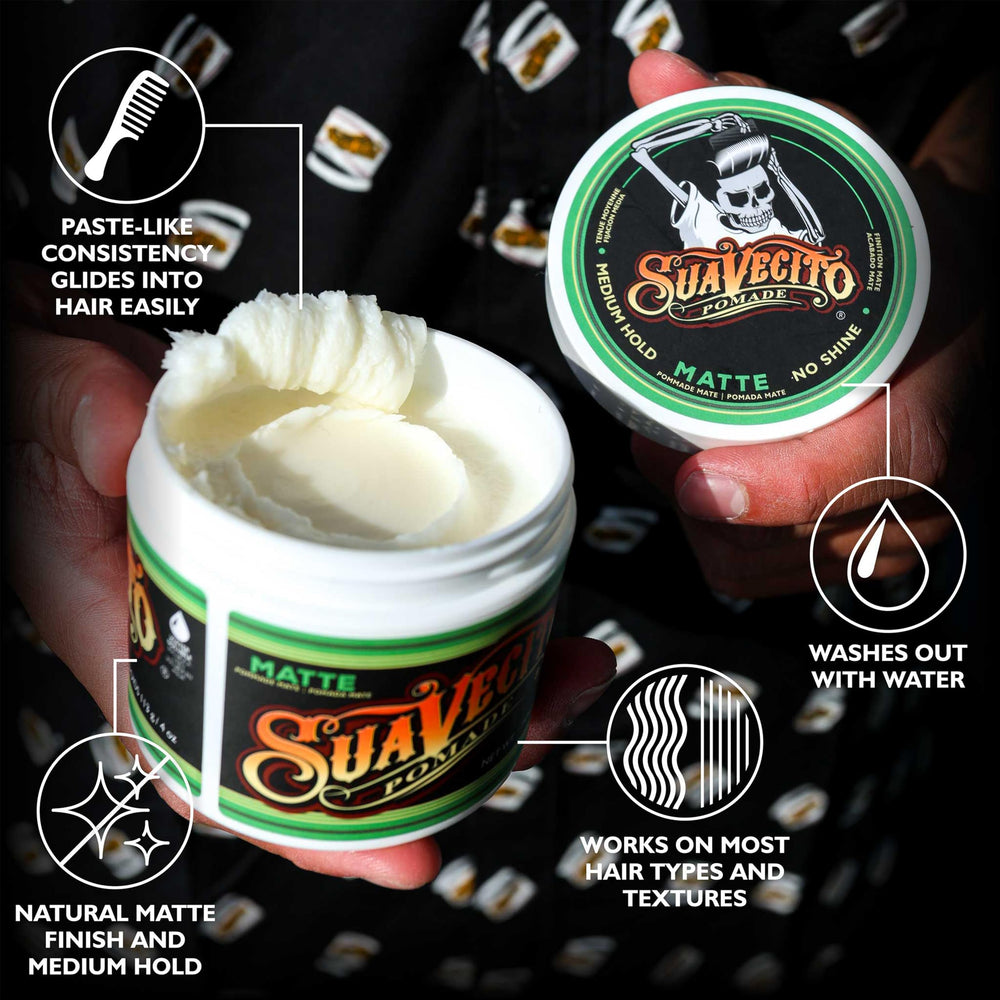 Pomada Matte Suavecito, fijación media para looks naturales.