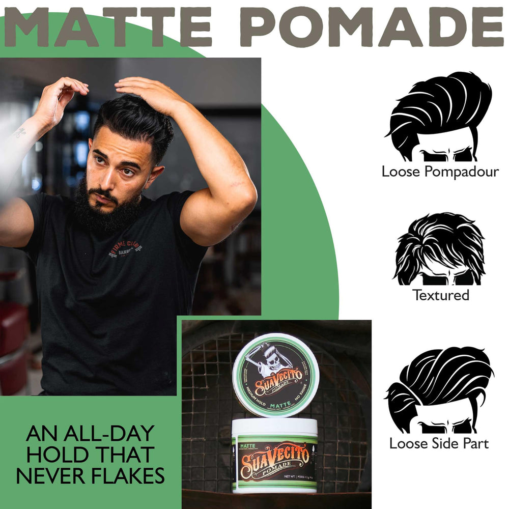 Suavecito Pomada Matte, aroma suave y limpio para peinar.