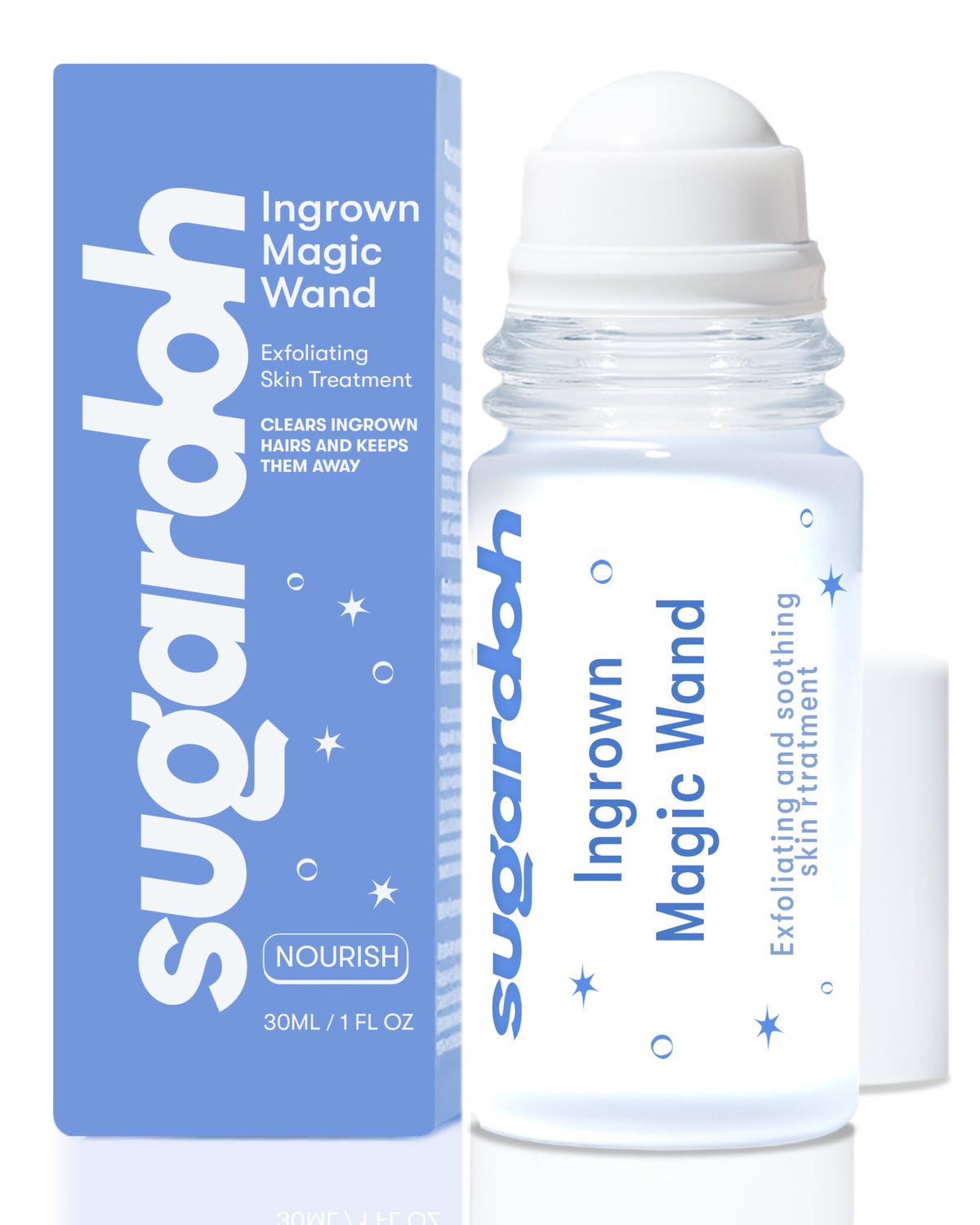 Sugardoh Ingrown Magic Wand, botella cercana para cuidado posdepilación suave.