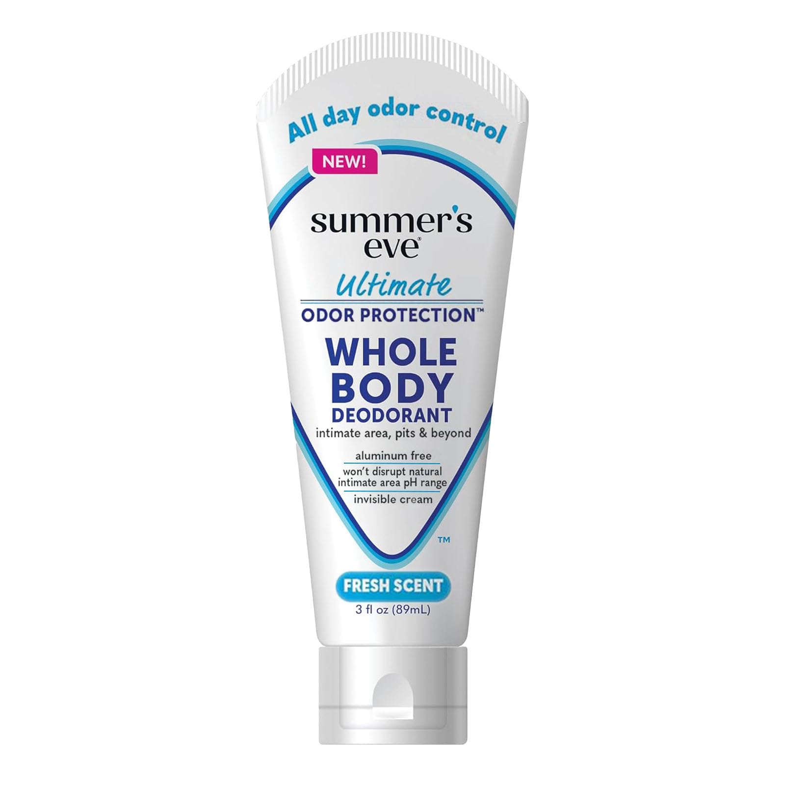 Desodorante Summer's Eve en crema para cuerpo entero, botella de 3 oz, aroma fresco.