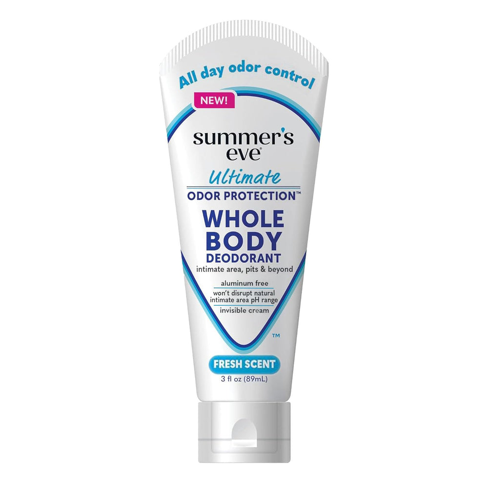 Desodorante Summer's Eve en crema para cuerpo entero, botella de 3 oz, aroma fresco.