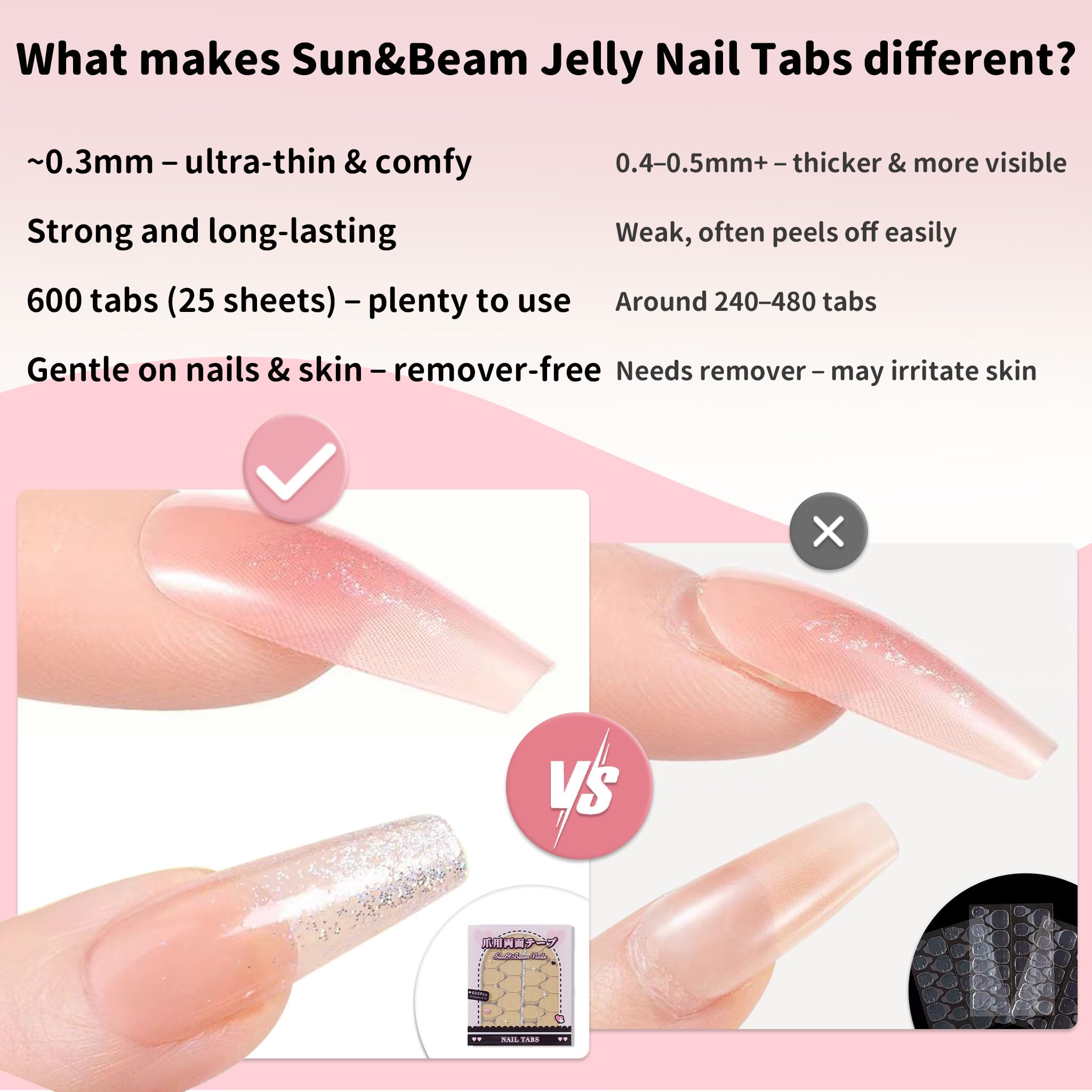 Sun&Beam Nails: 25 hojas con 24 piezas cada una, 600 piezas totales.