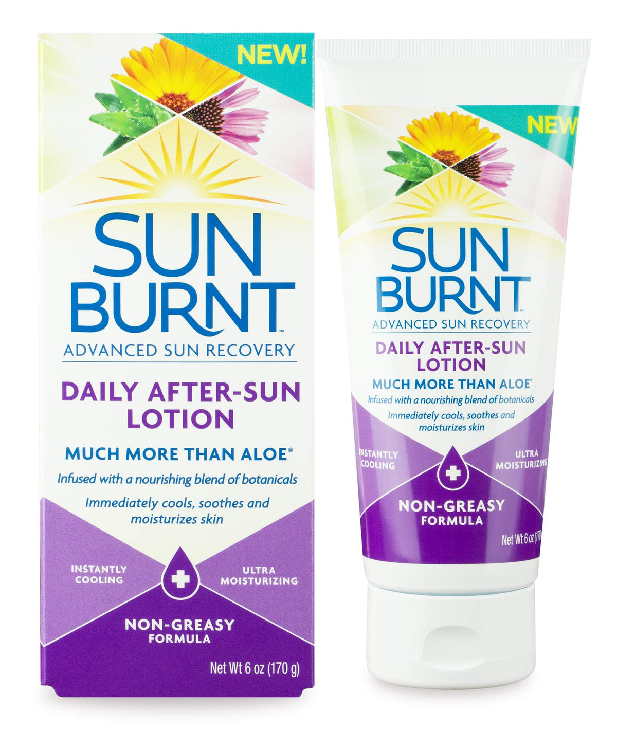 Sunburnt loción postsol, botella visible, alivio inmediato para piel caliente