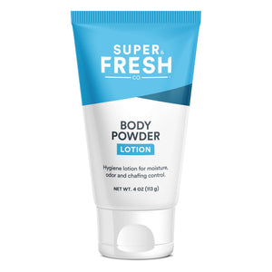 Botella de Super Fresh Co. Loción-Polvo para el cuerpo, ofrece frescura duradera