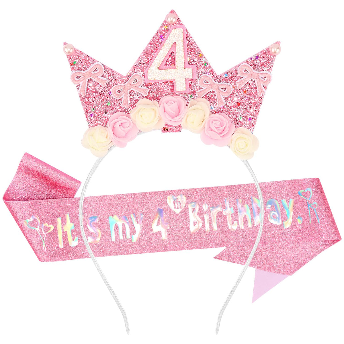 SuPoo corona rosa con brillos, perfecto para fotos del cumpleaños.