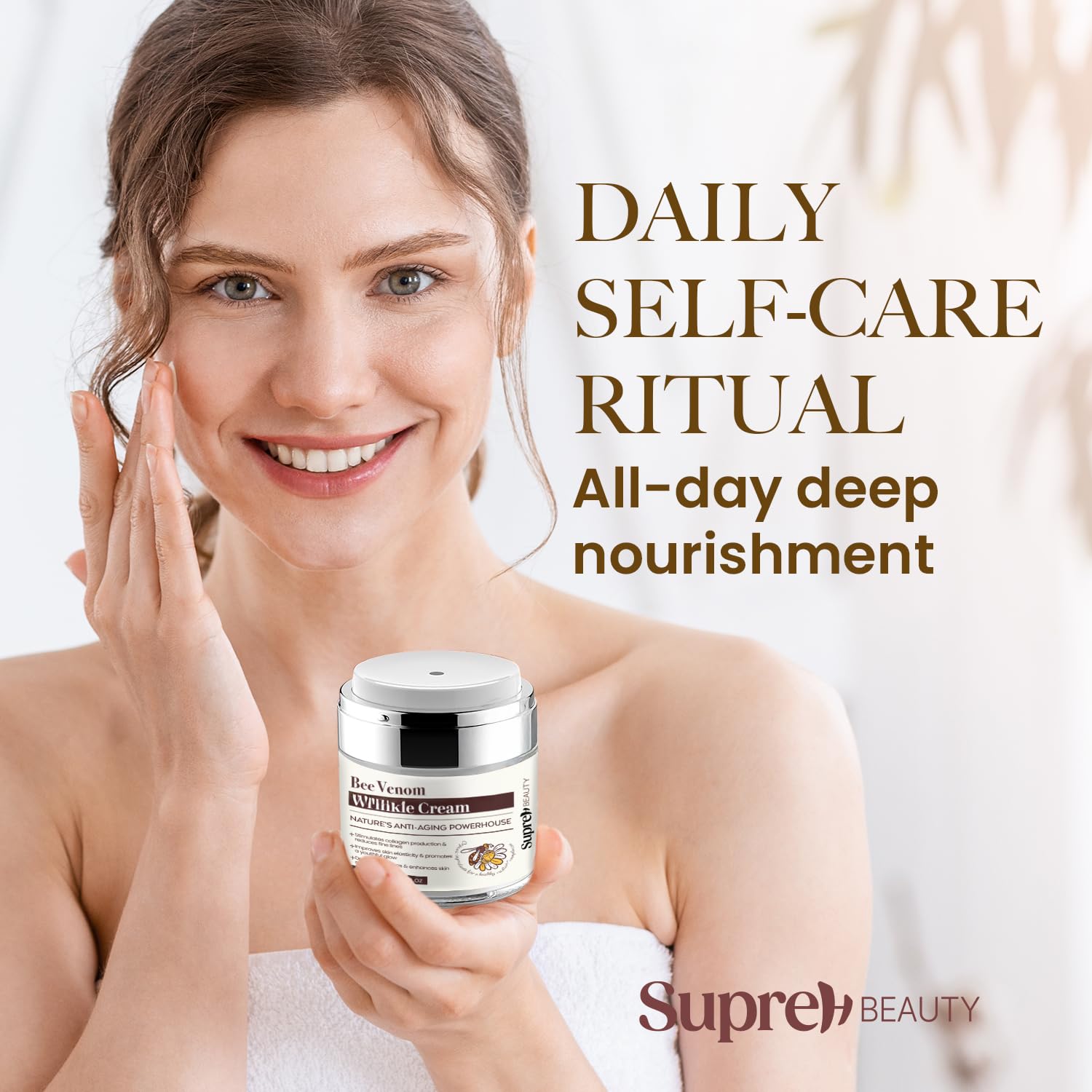 SupreH Crema Veneno de Abeja, textura suave para una aplicación agradable.