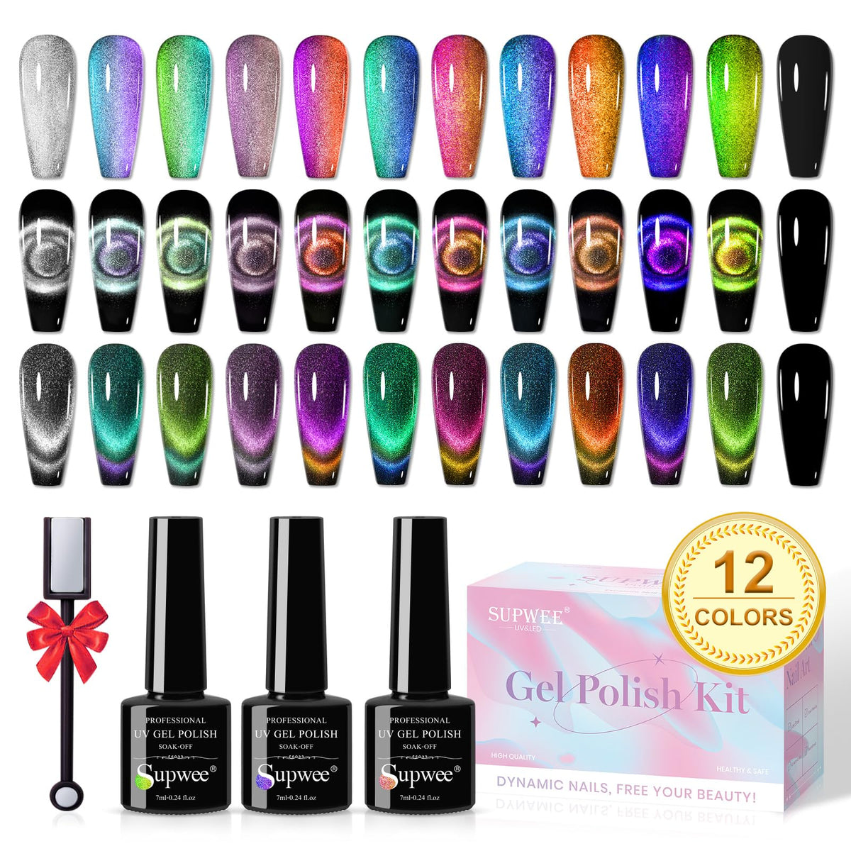 SUPWEE set ojo de gato con 12 colores para uñas, acabado magnético en casa