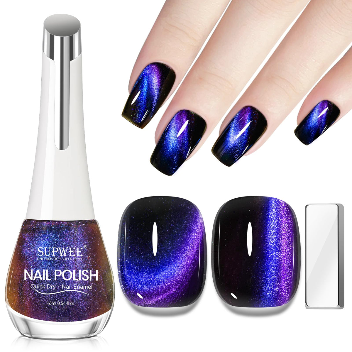 SUPWEE Esmalte magnético 9D ojo de gato, tono azul a morado para uñas elegantes.