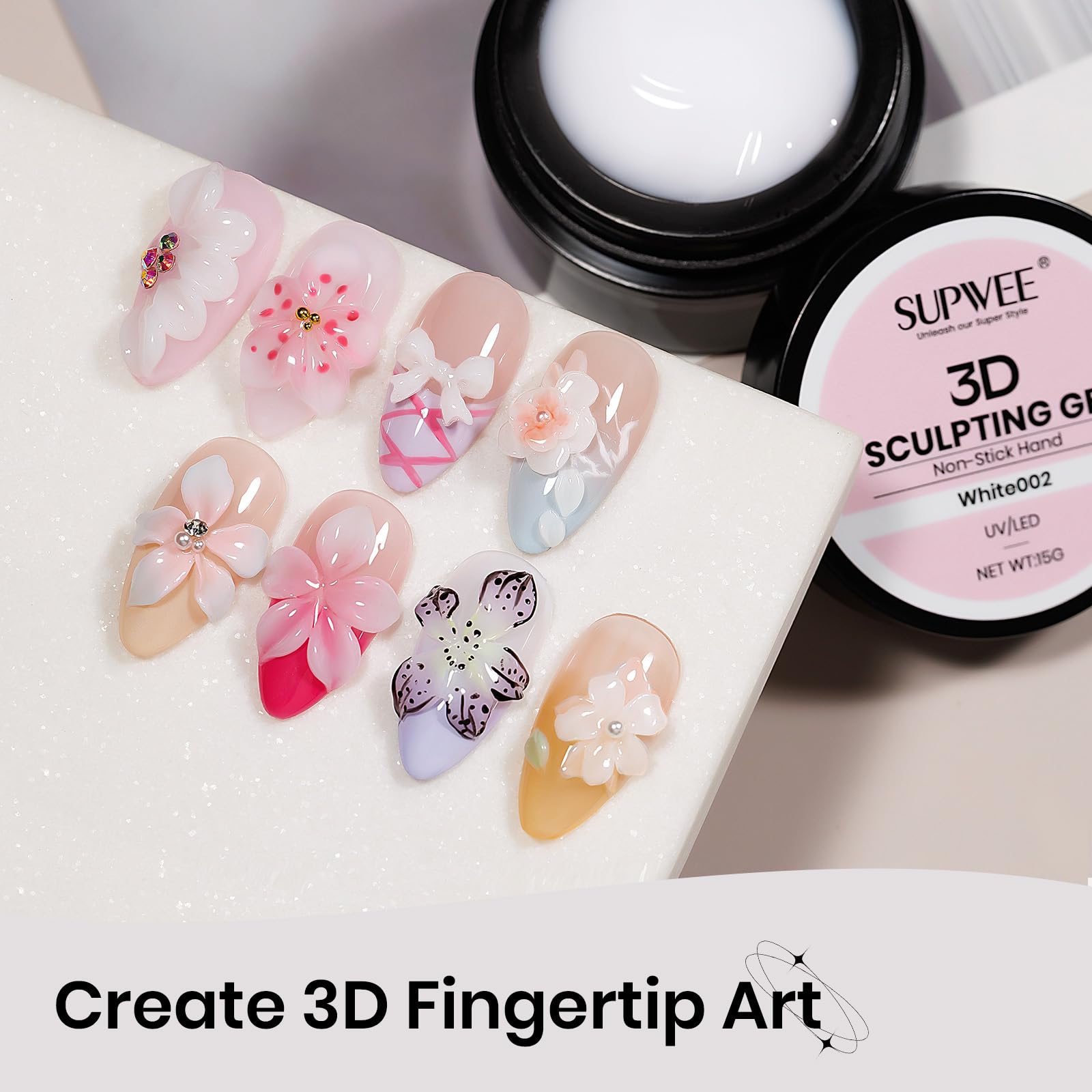 SUPWEE gel 3D para extensiones de uñas, fácil de moldear.