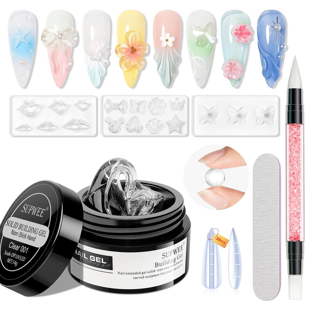 SUPWEE gel claro para modelado 3D de uñas, facilita formas limpias y definidas.