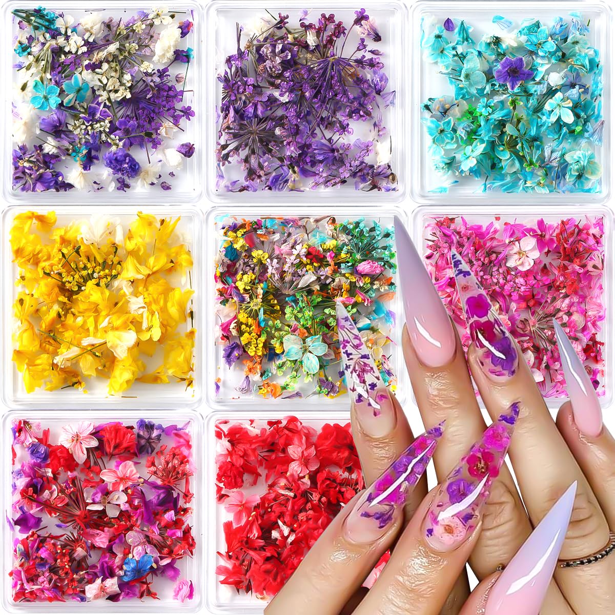 SUTOZMIWE flores secas para uñas en cajas, diseño vibrante y versátil.