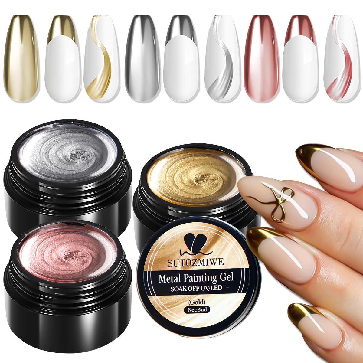 Gel metálico SUTOZMIWE en color oro para uñas con efecto espejo brillante