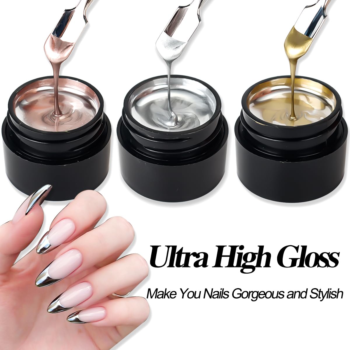 Gel metálico SUTOZMIWE en color plata para uñas con acabado cromado duradero