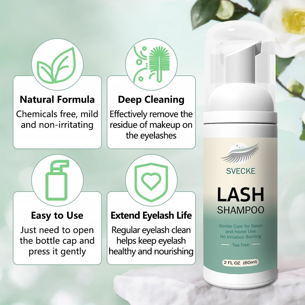 SVECKE Kit Champú Pestañas Árbol de Té: cepillo-limpieza para eliminar maquillaje y suciedad