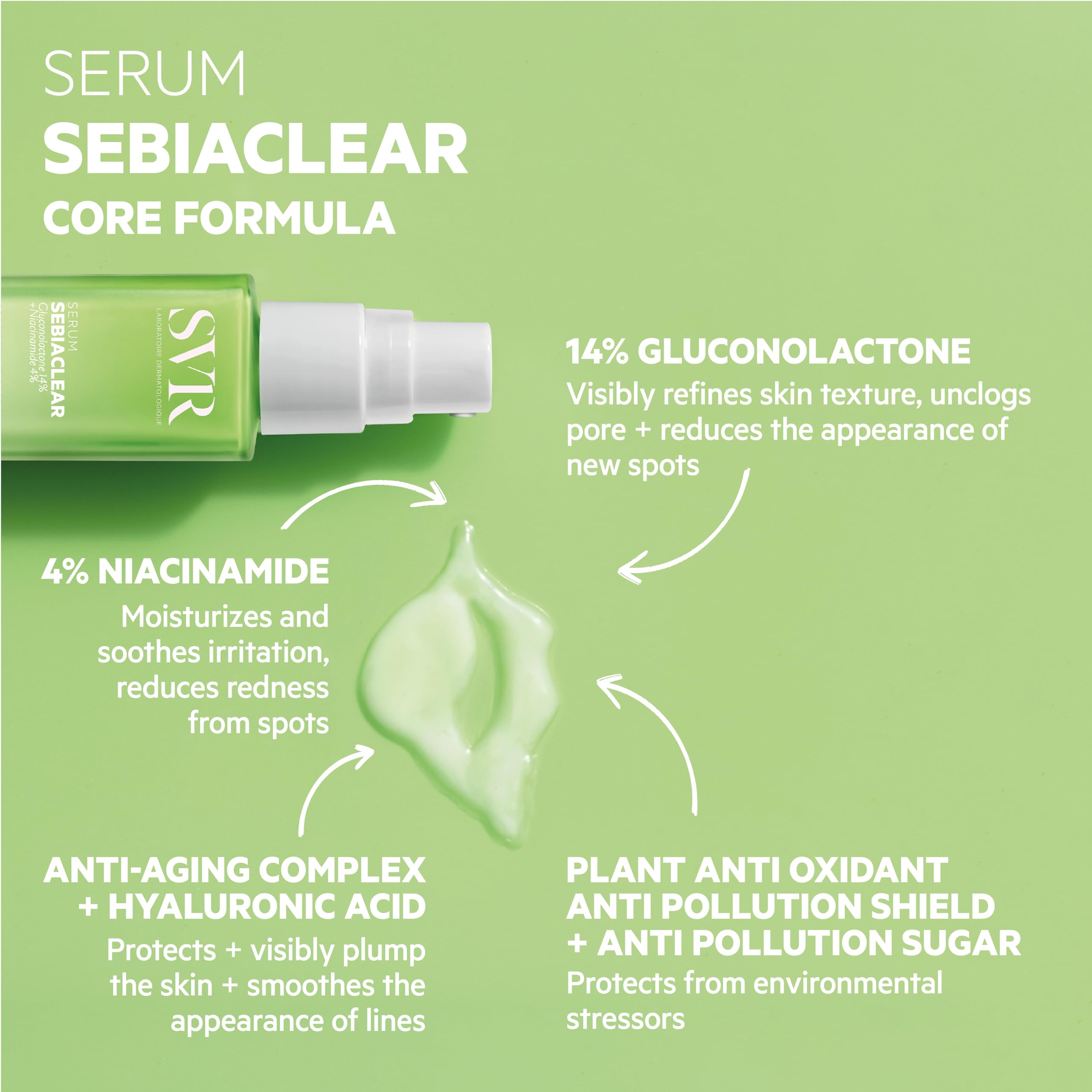 SVR Sebiaclear Serum aplicado en la mano para uso diario suave.