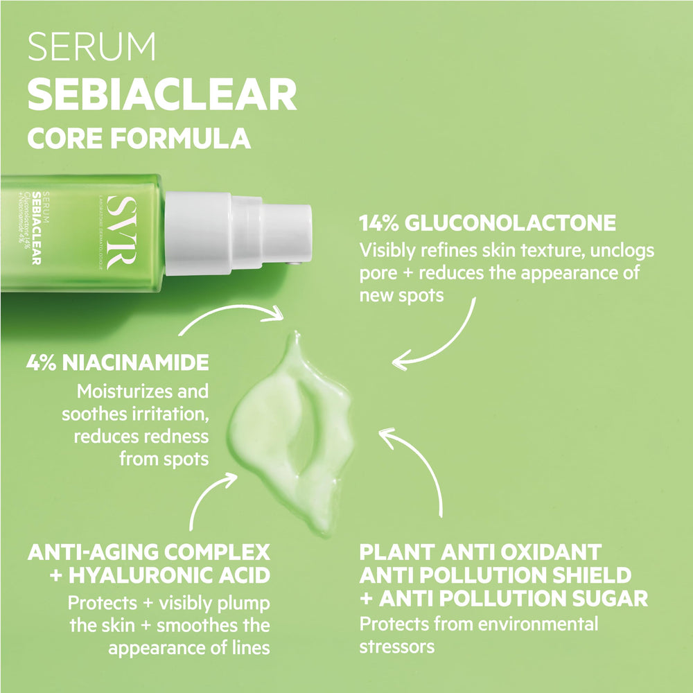 SVR Sebiaclear Serum aplicado en la mano para uso diario suave.
