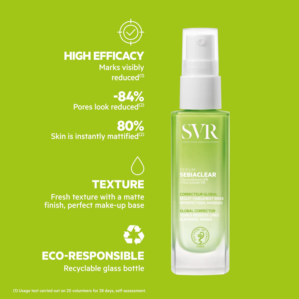 SVR Sebiaclear Serum foco en poros visibles y piel equilibrada.