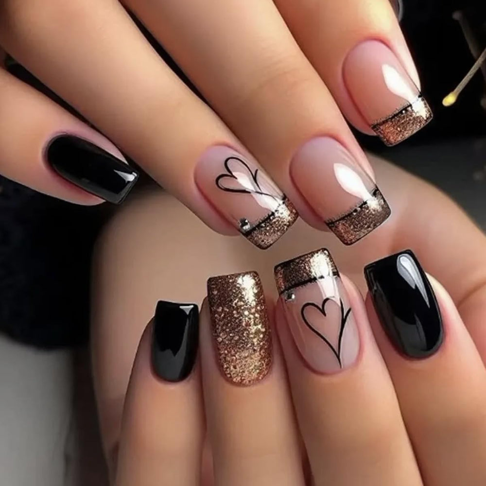 SYPAFG uñas postizas cuadradas con diseño corazón negro para acabado elegante y duradero
