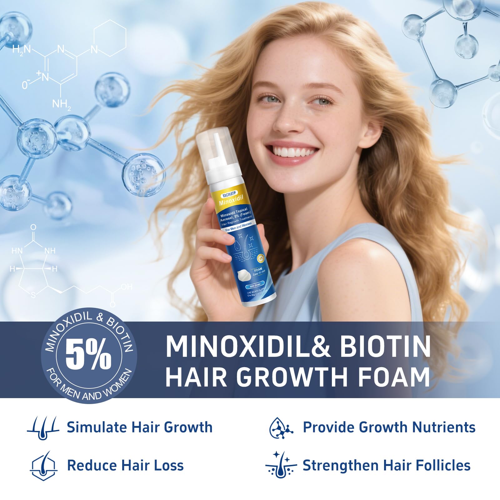 Tacruitf Minoxidil Espuma, aplicación directa al cuero cabelludo para crecimiento.
