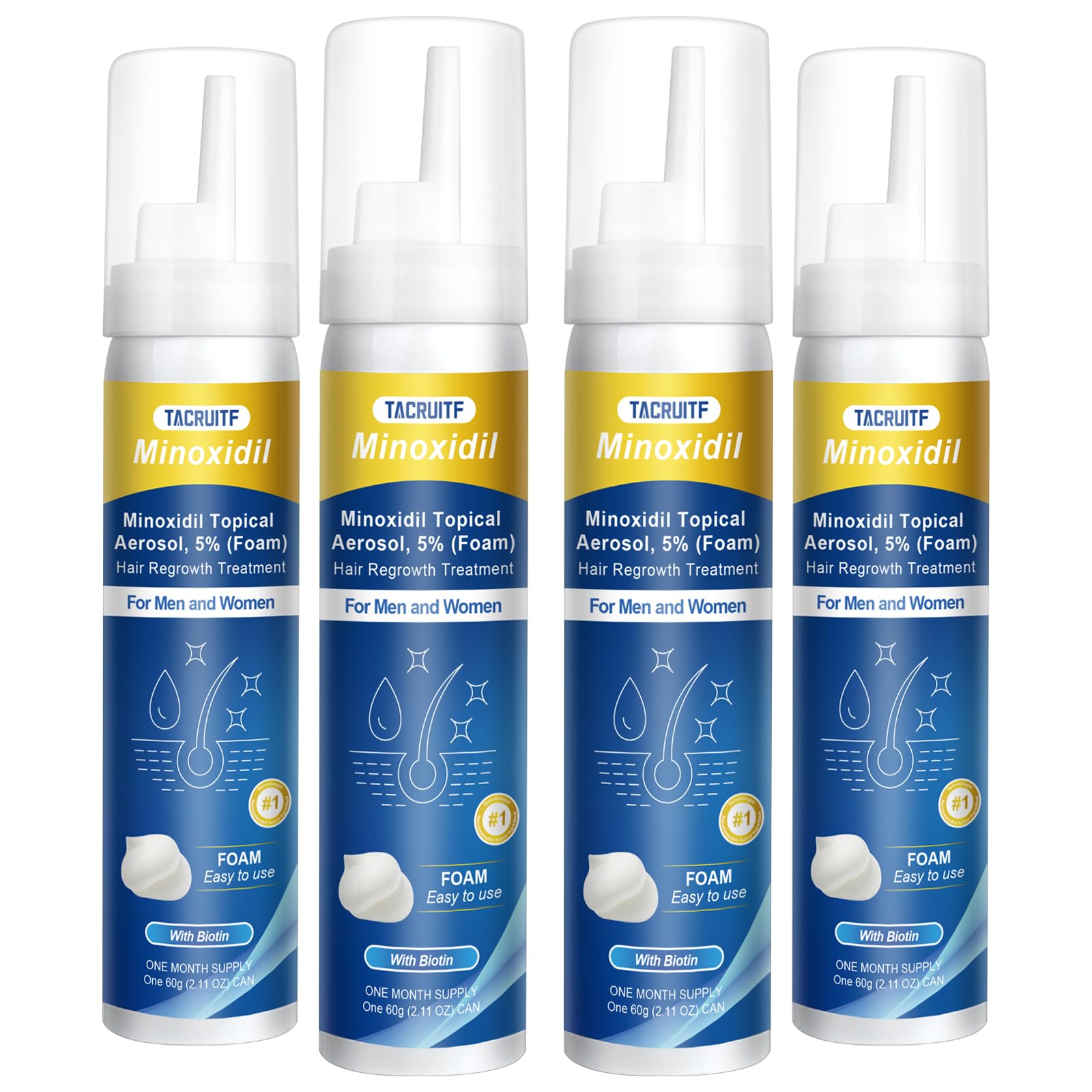 Tacruitf Minoxidil Espuma 5% en botella, cabello más grueso.