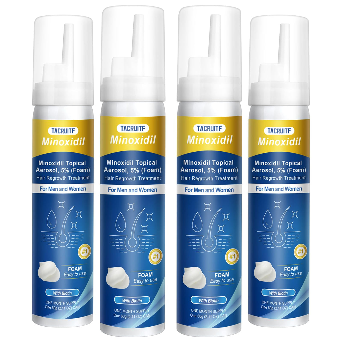 Tacruitf Minoxidil Espuma 5% en botella, cabello más grueso.