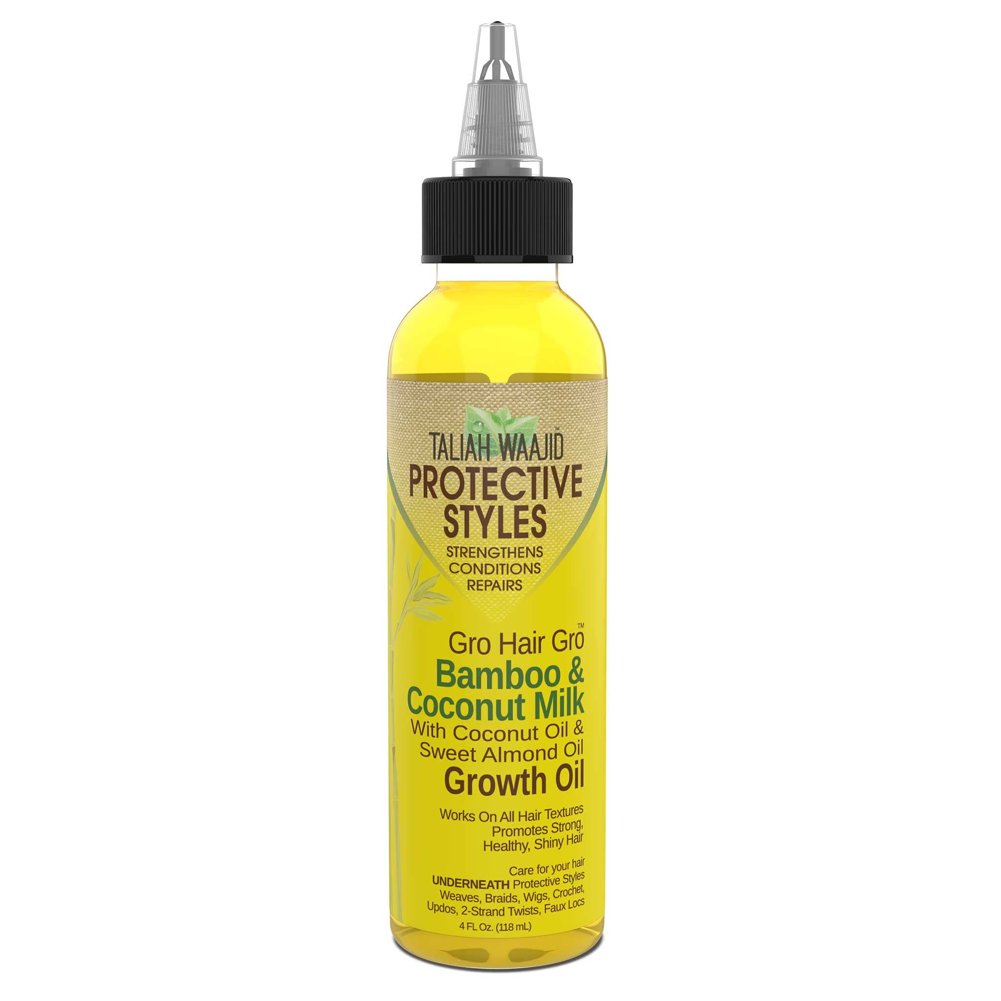Taliah Waajid Aceite de crecimiento para cabello con bambú y coco, en botella.
