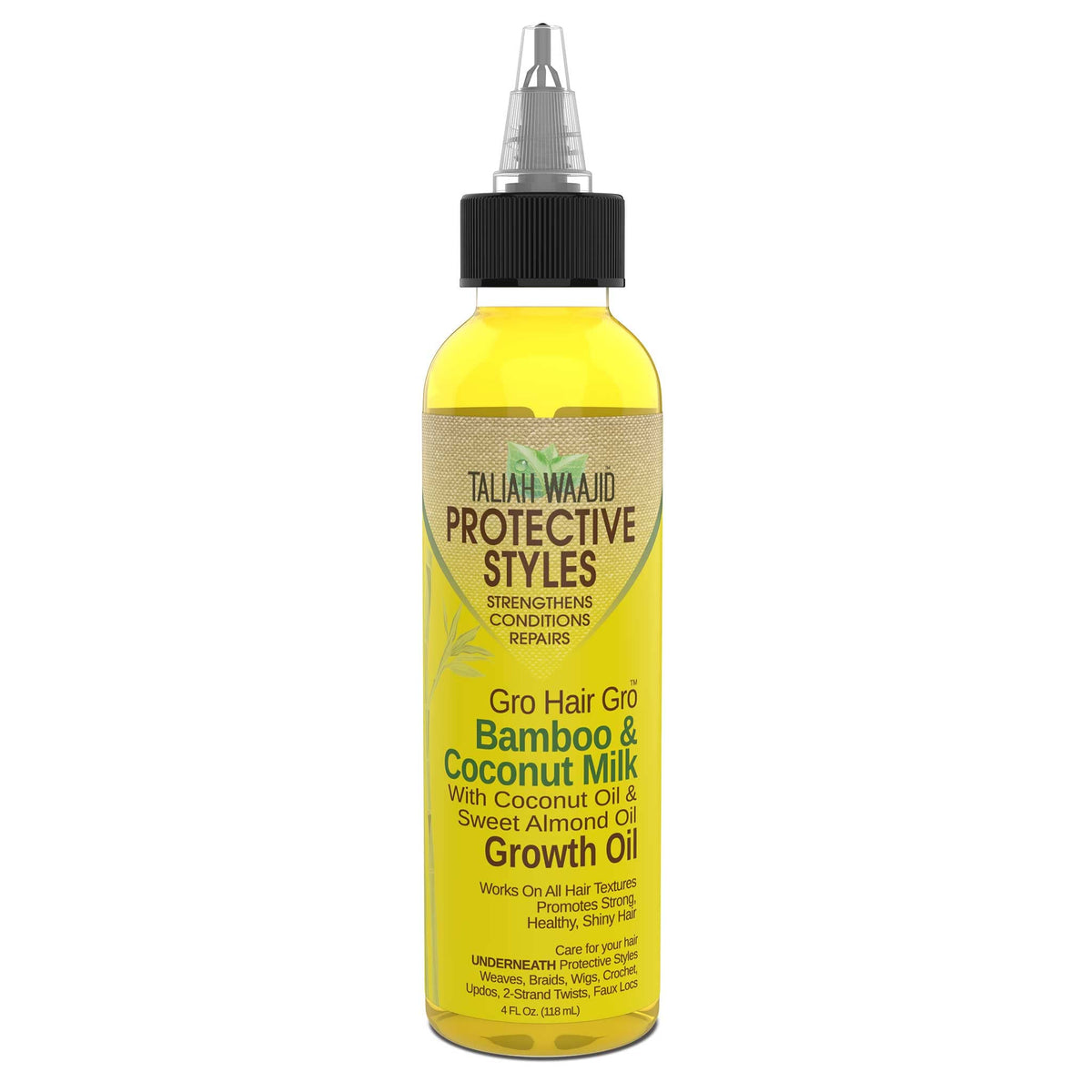 Taliah Waajid Aceite de crecimiento para cabello con bambú y coco, en botella.