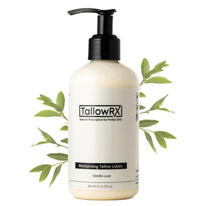 Loción TALLOWRX con sebo de res para hidratación suave de la piel.