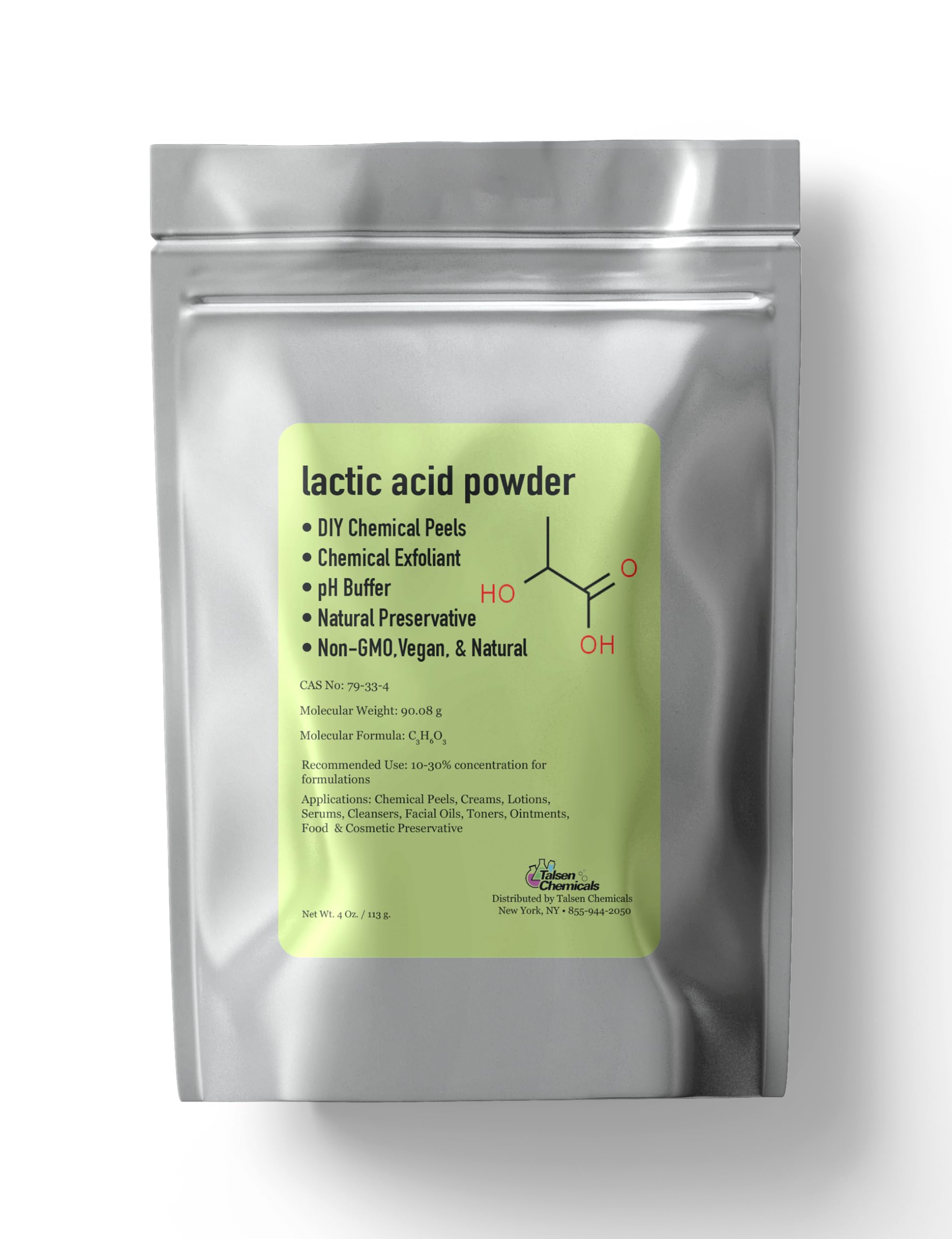 Talsen Chemicals polvo de ácido láctico, envase práctico para tu rutina de cuidado.