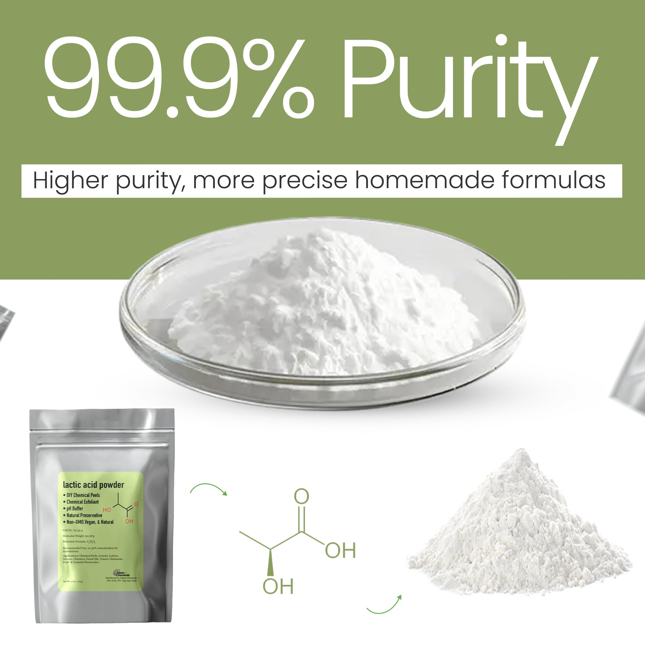 Talsen Chemicals polvo de ácido láctico, mezcla fácil con sueros para personalizar tu rutina.