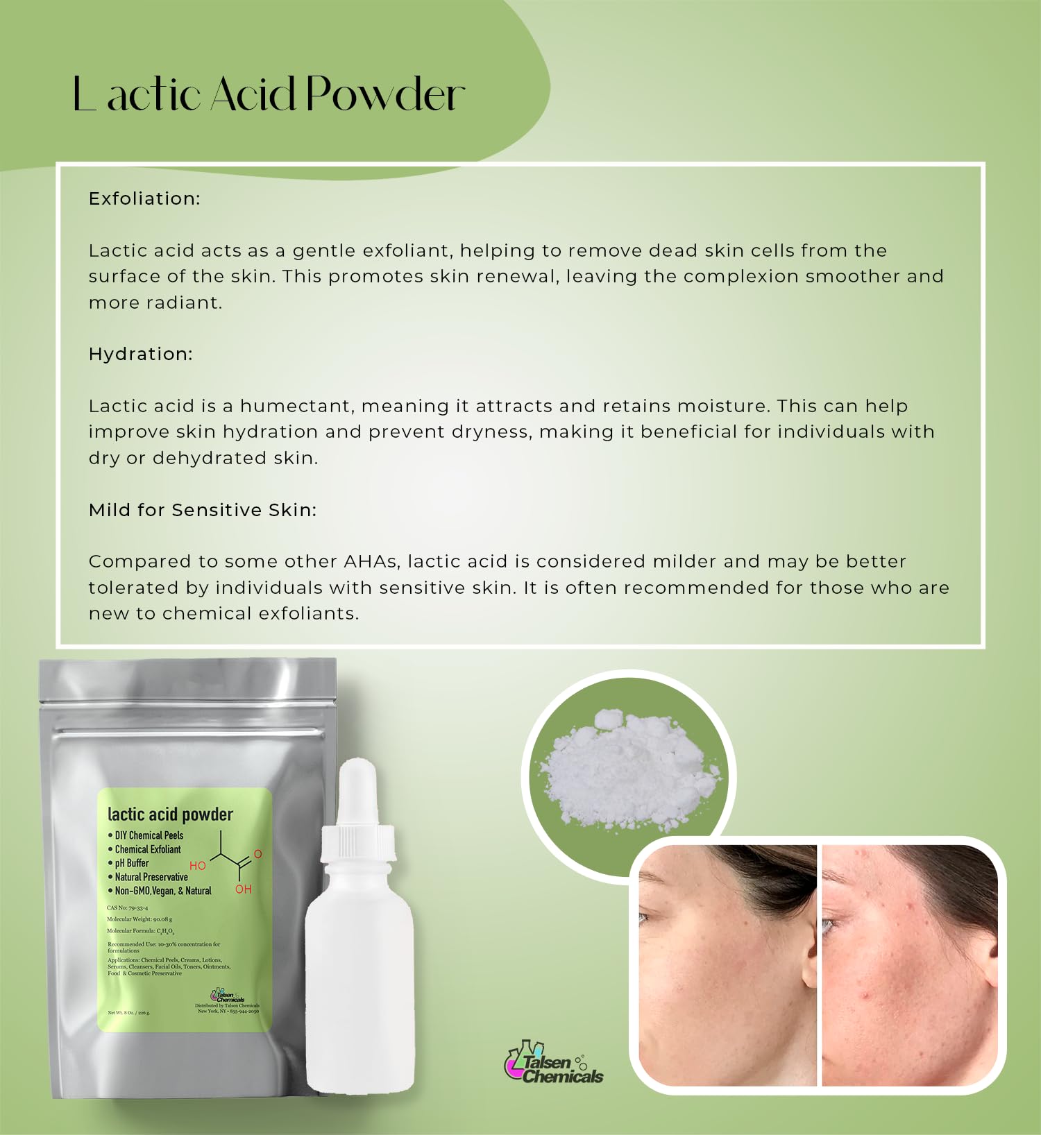 Talsen Chemicals polvo de ácido láctico, ideal para rituales de cuidado caseros y personalización.