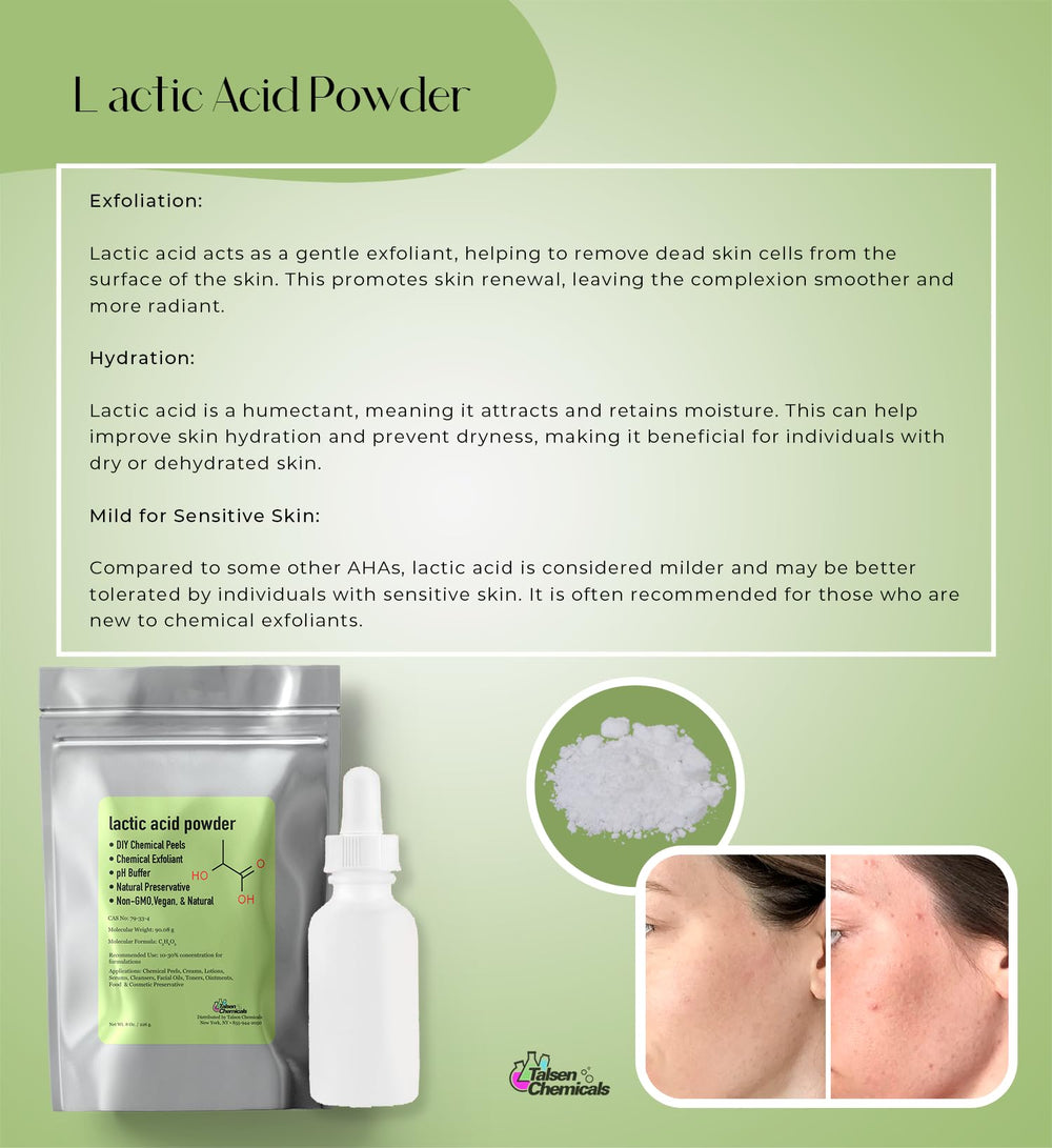Talsen Chemicals polvo de ácido láctico, ideal para rituales de cuidado caseros y personalización.