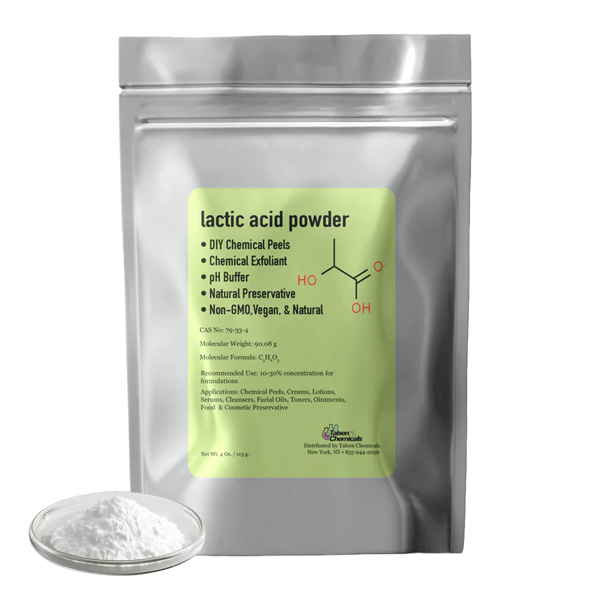 Talsen Chemicals polvo de ácido láctico, textura fina ideal para mezclar con tus productos.