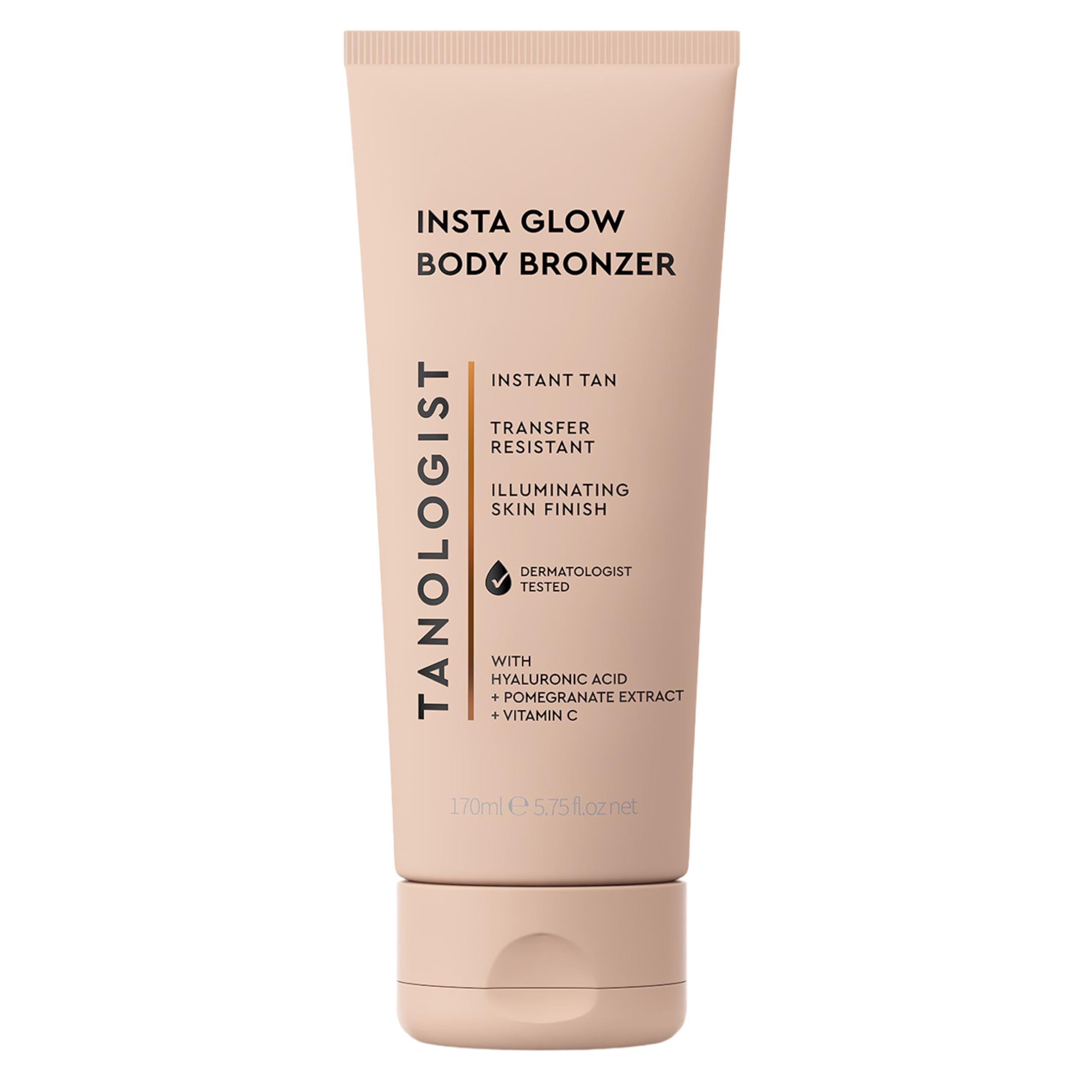 Tanologist Insta Glow, envase mostrado, acabado luminoso instantáneo para la piel.