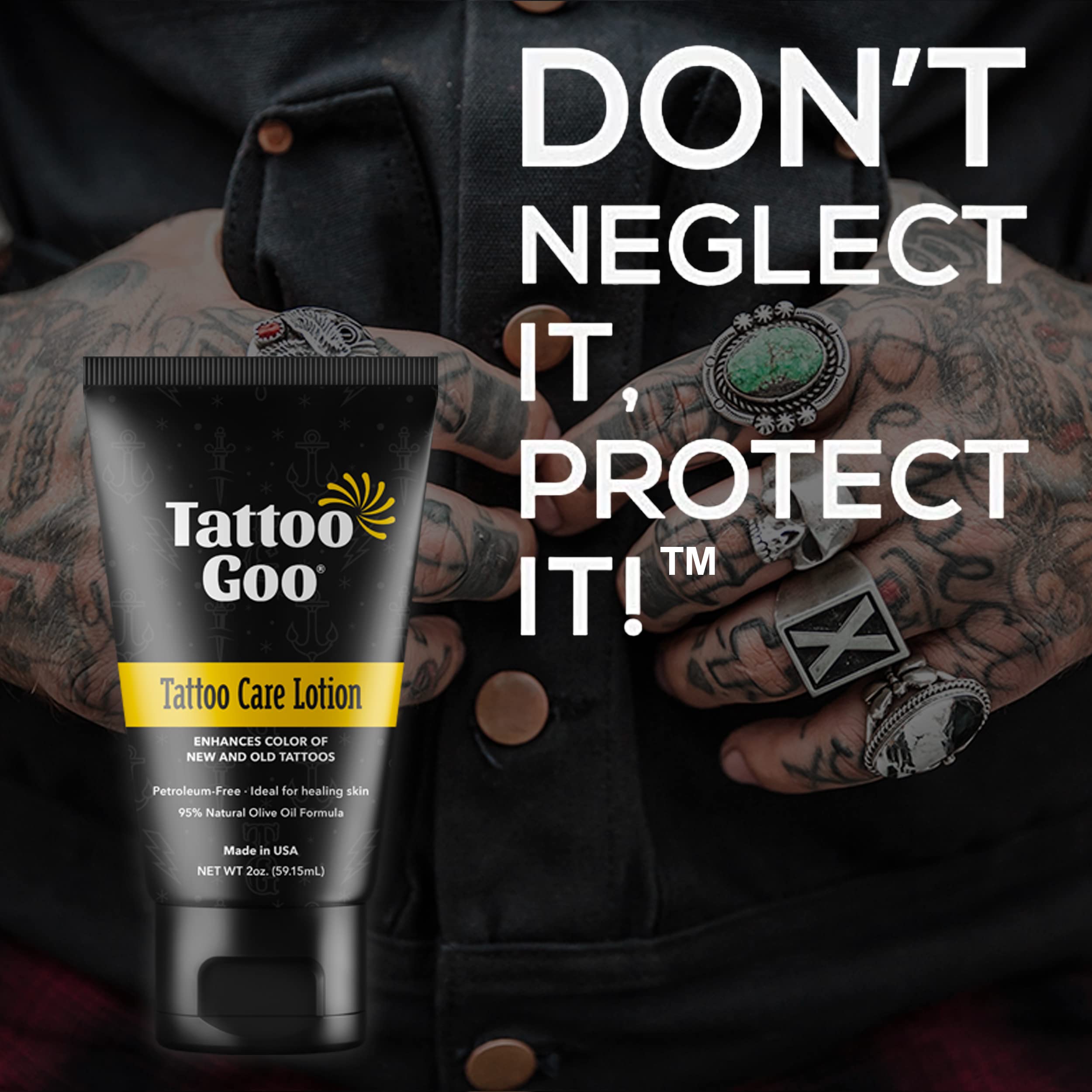 Envase de Tattoo Goo que muestra el aceite de oliva y la fórmula ligera.