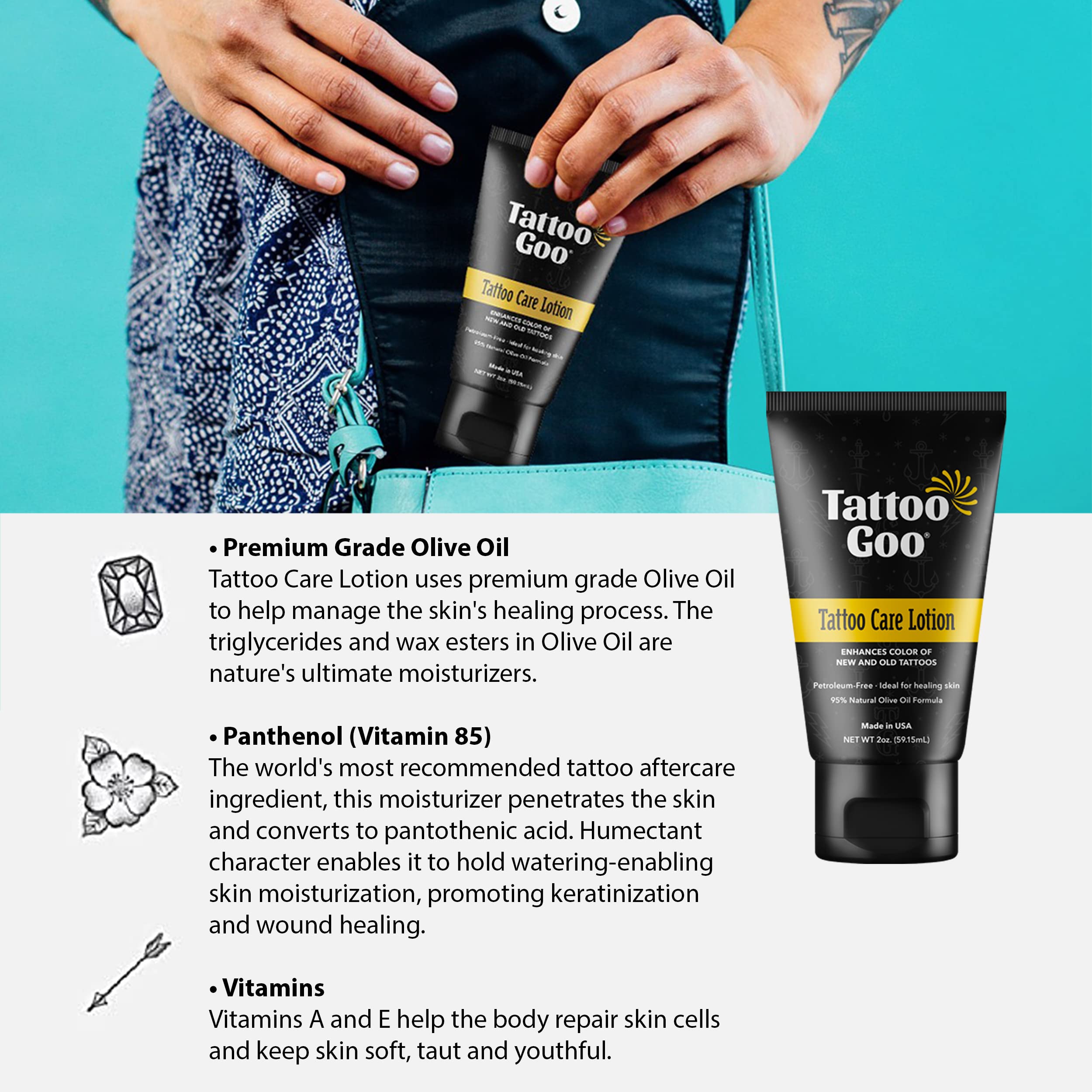 Textura ligera y de rápida absorción de Tattoo Goo en piel tatuada.