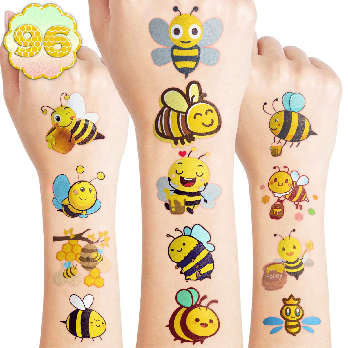 Tatuajes de abejas pre-cortados para niños, ideales para fiesta y premiación.