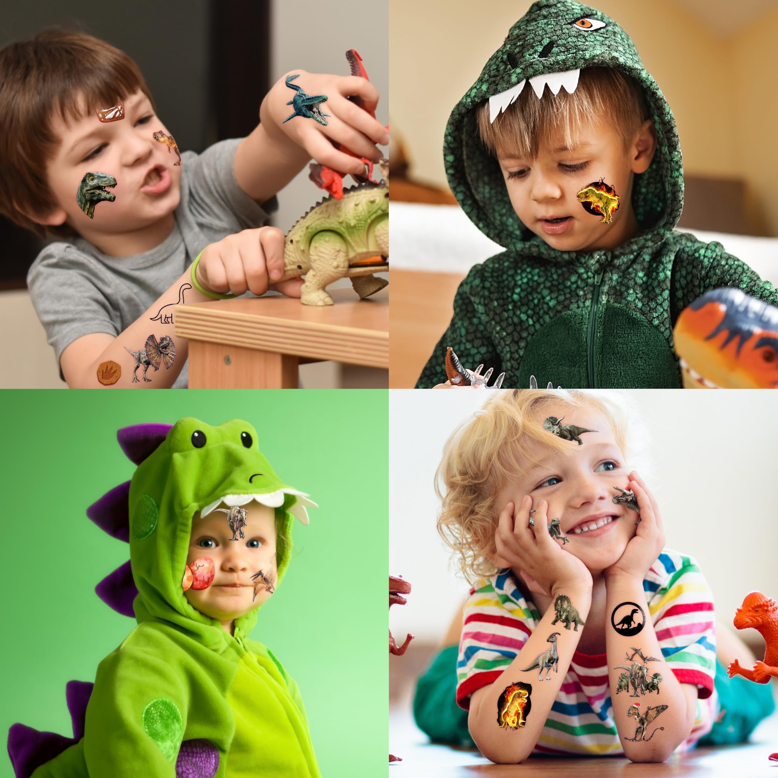 Tatuajes Dinosaurio 3D pegados en cuadernos o laptops para decorar útiles escolares.